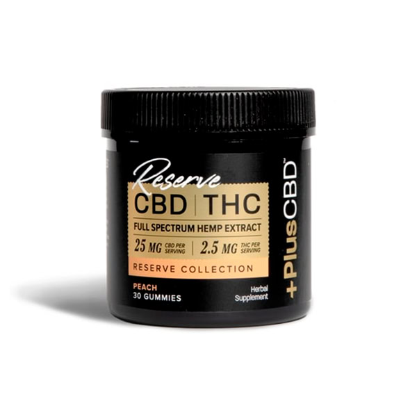 PlusCBD, Reserve 2.5mg THC + 25mg CBD Gummies, Peach, Full Spectrum, 30ct, 75mg THC + 750mg CBD