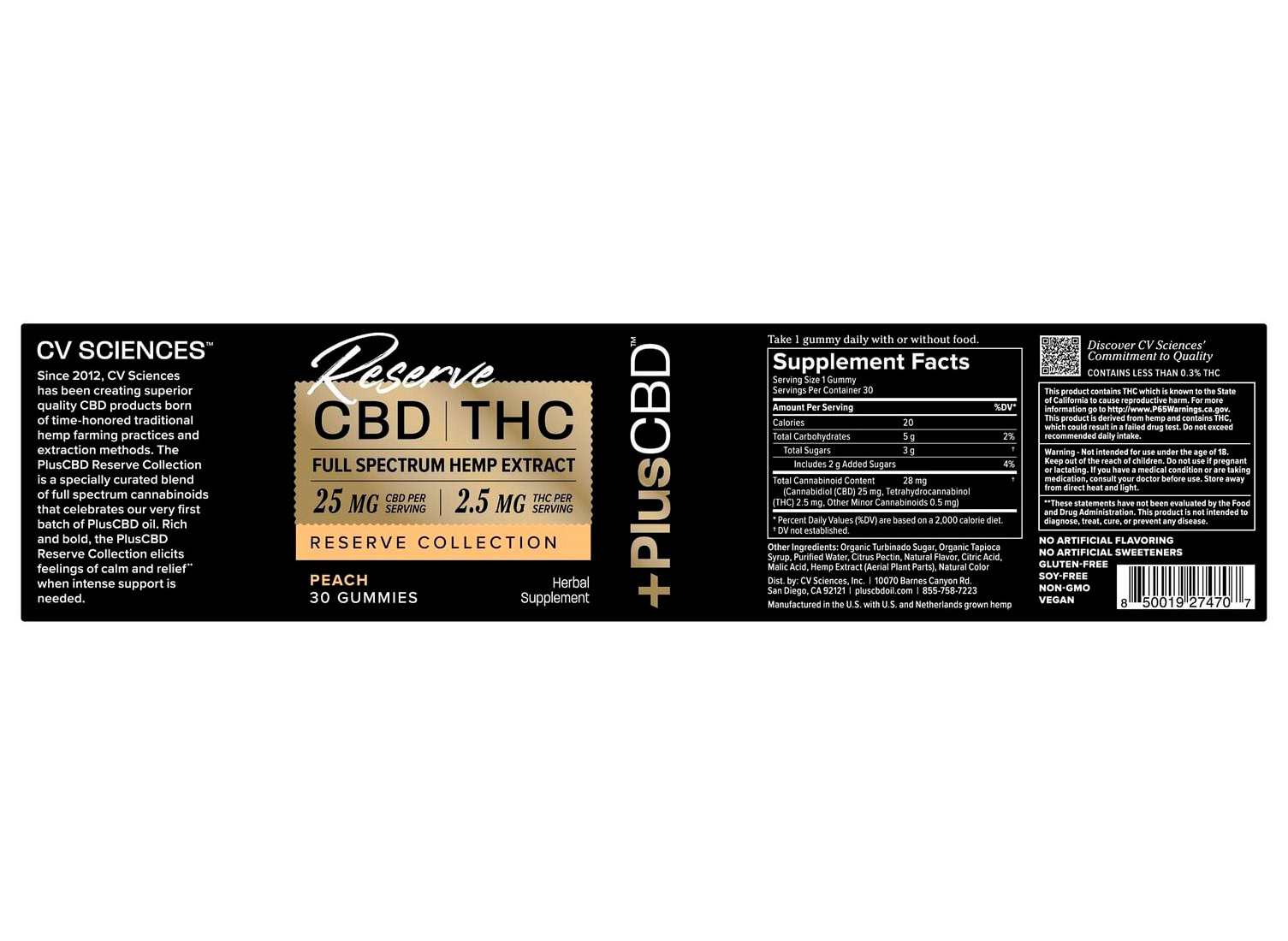 PlusCBD, Reserve 2.5mg THC + 25mg CBD Gummies, Peach, Full Spectrum, 30ct, 75mg THC + 750mg CBD