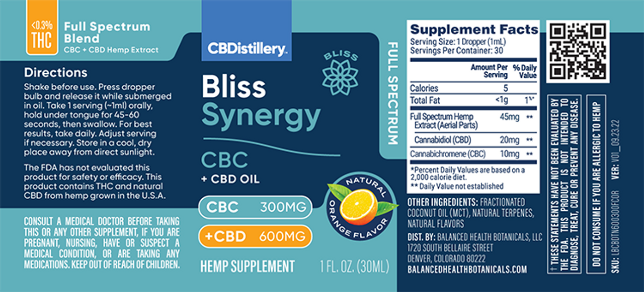 CBDistillery, Bliss Synergy CBC + CBD Tincture, Full Spectrum, 1oz, 300mg CBC + 600mg CBD