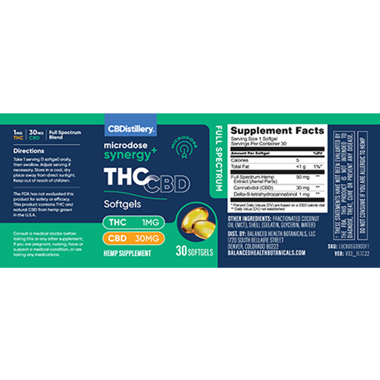 CBDistillery, Microdose Synergy+ THC & CBD Softgels, Full Spectrum, 30ct, 30mg THC + 900mg CBD