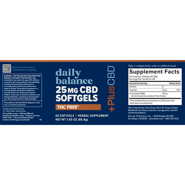 PlusCBD, Daily Balance 25mg CBD Softgels, Isolate THC-Free, 60ct, 1500mg CBD