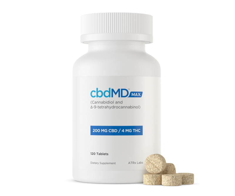 cbdMD, MAX For Pain CBD+THC Tablets, Full Spectrum, 120ct, 240mg THC + 12000mg CBD