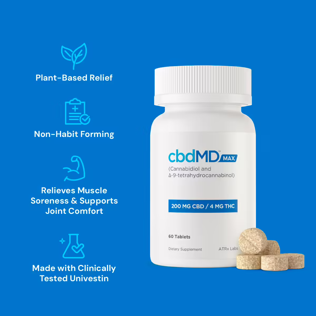 cbdMD, MAX For Pain CBD+THC Tablets, Full Spectrum, 60ct, 120mg THC + 6000mg CBD