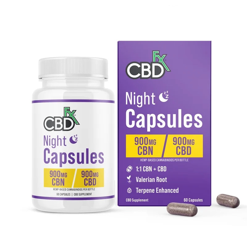 CBDfx, CBD + CBN Night Capsules For Sleep 1-1 Ratio, Broad Spectrum THC-Free, 60ct, 900mg CBN + 900mg CBD