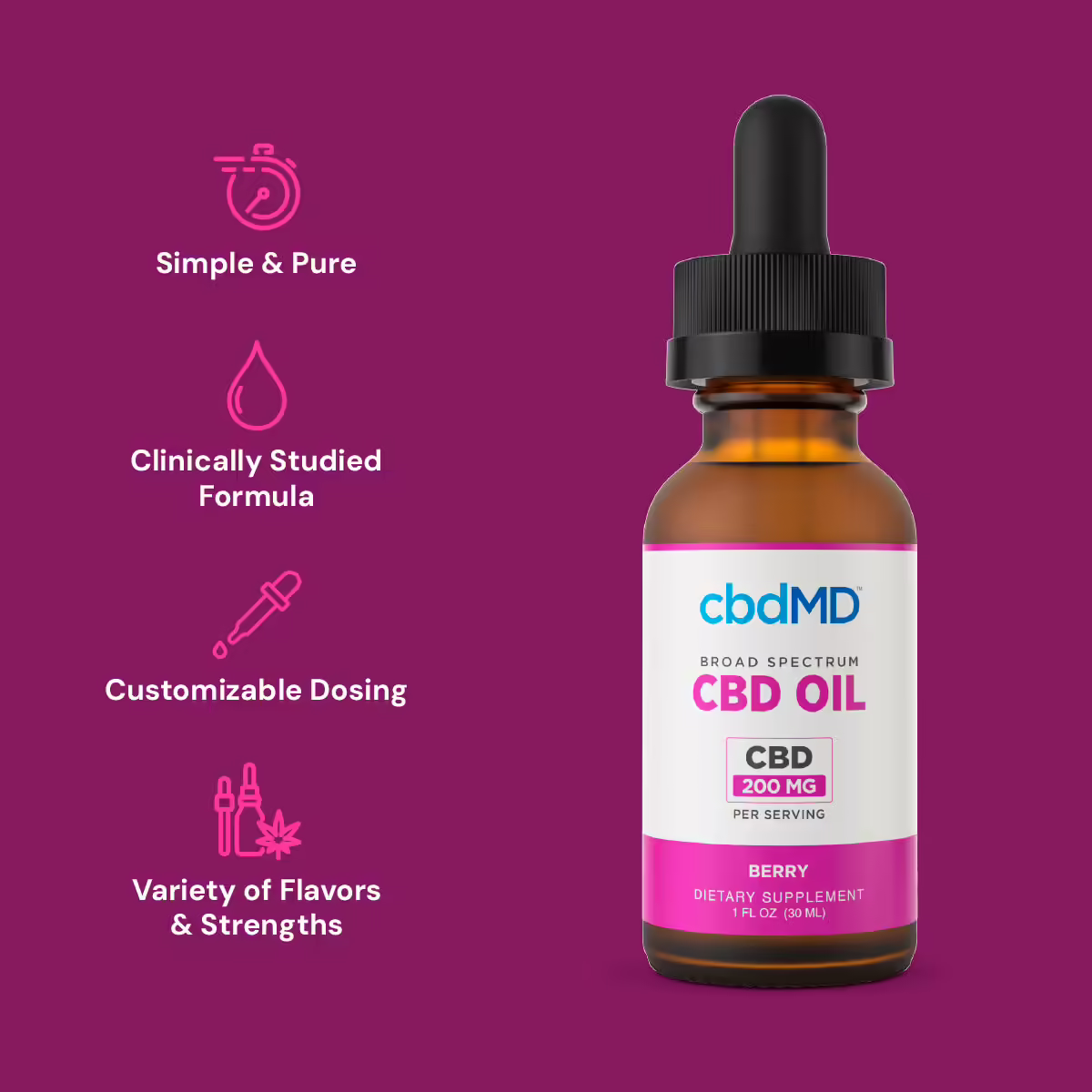 cbdMD, CBD Oil Tincture, Broad Spectrum THC-Free, Berry, 1fl oz, 6000mg CBD