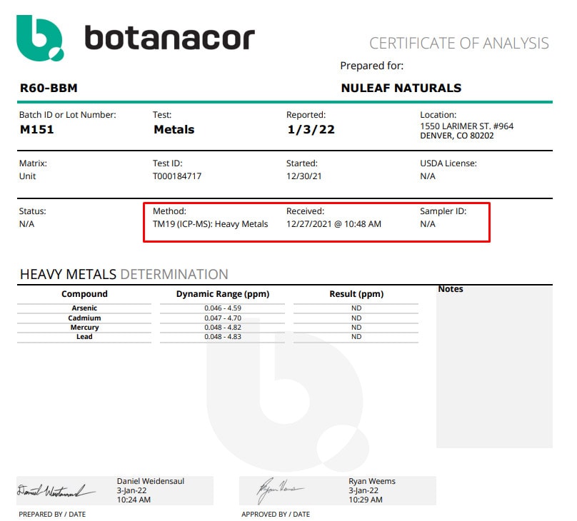 Review the COA to ensure each tested metal does not exceed the state-set legal limits.