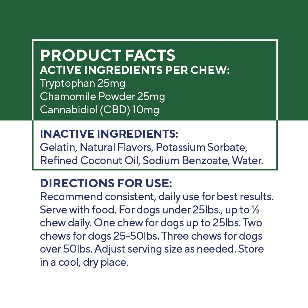 Elixinol, Calm Dog 10mg CBD Chews + Tryptophan & Chamomile, Peanut Butter, Broad Spectrum THC-Free, 30ct, 300mg CBD