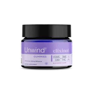 Elixinol, Unwind 3mg THC + 15mg CBD Gummies, Blackberry, Full Spectrum, 30ct, 90mg THC + 450mg CBD