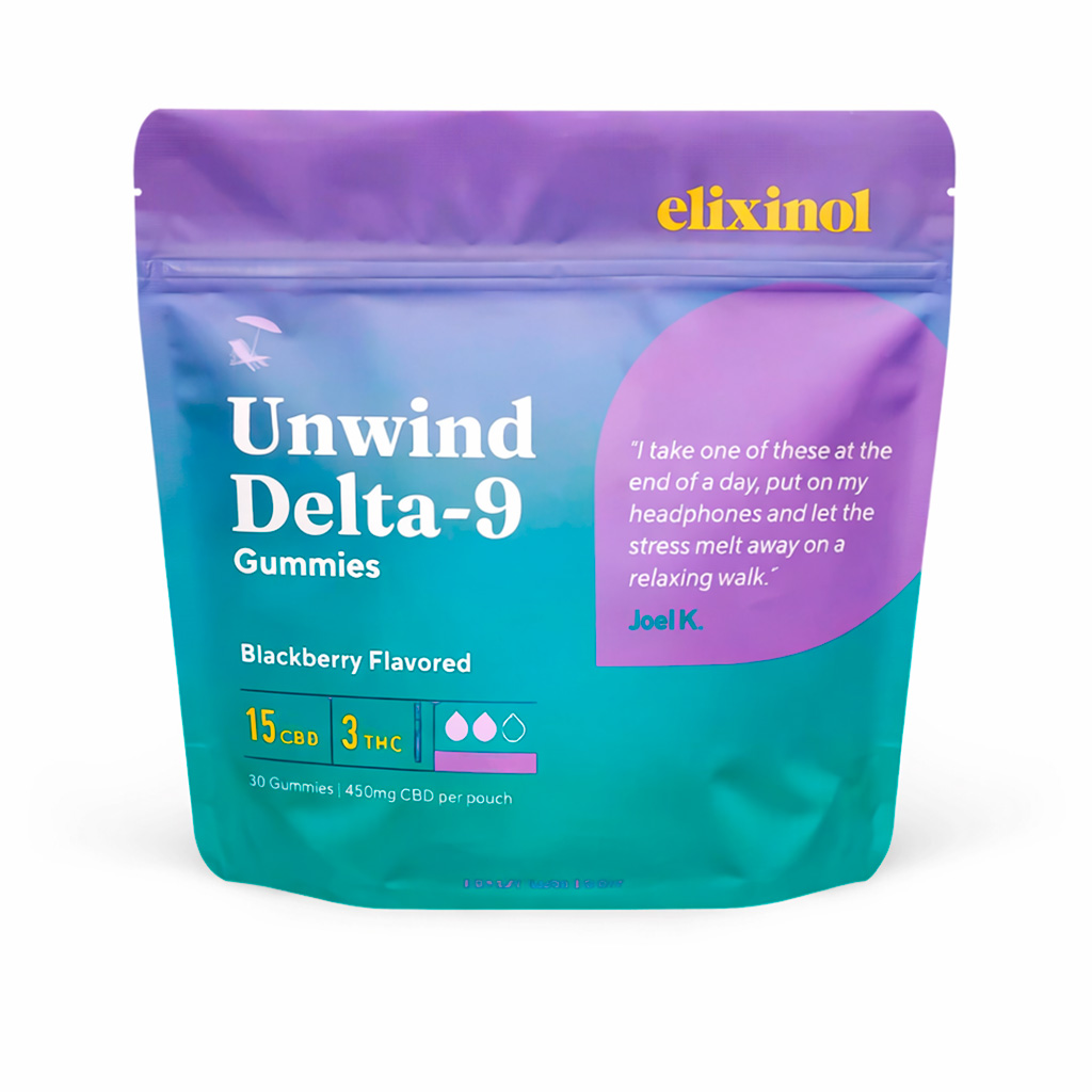 Elixinol, Unwind 3mg THC + 15mg CBD Gummies, Blackberry, Full Spectrum, 30ct, 90mg THC + 450mg CBD