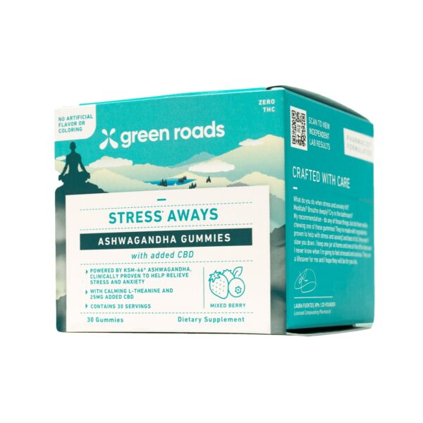 Green Roads, Stress Aways Ashwagandha CBD Gummies, Mixed Berry, Isolate THC-Free, 30ct, 750mg CBD