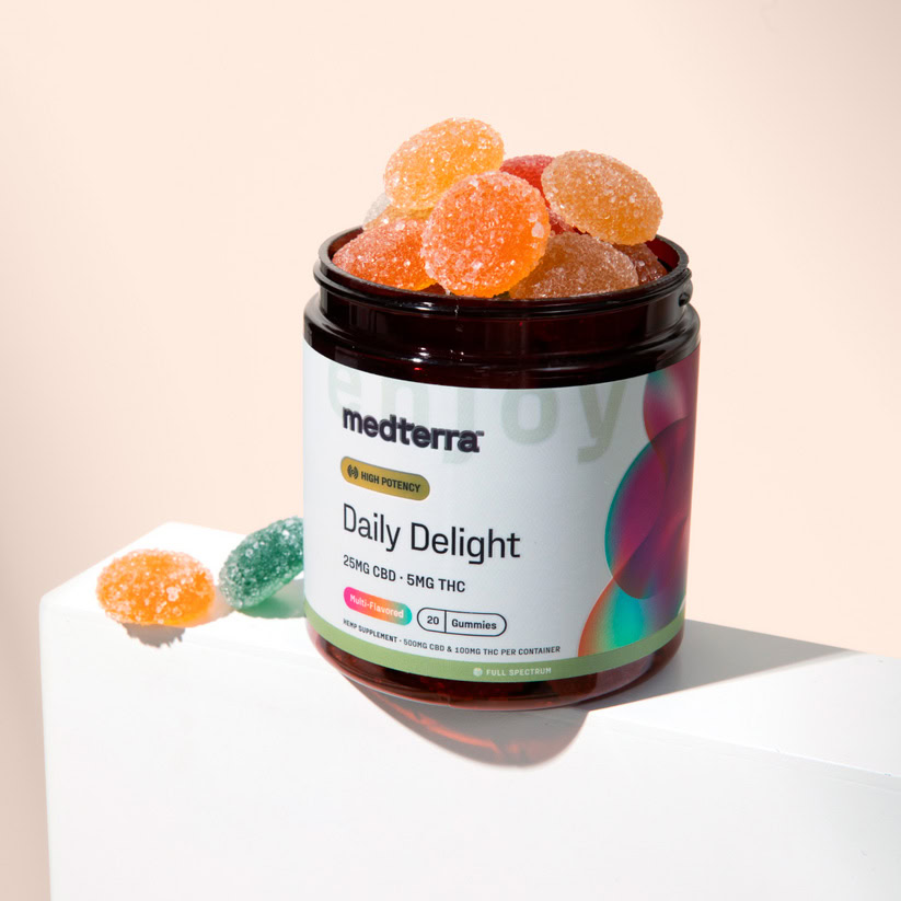 Medterra, Daily Delight 25mg CBD + 5mg THC Gummies, Multi-Flavored, Full Spectrum, 20ct, 100mg THC + 500mg CBD