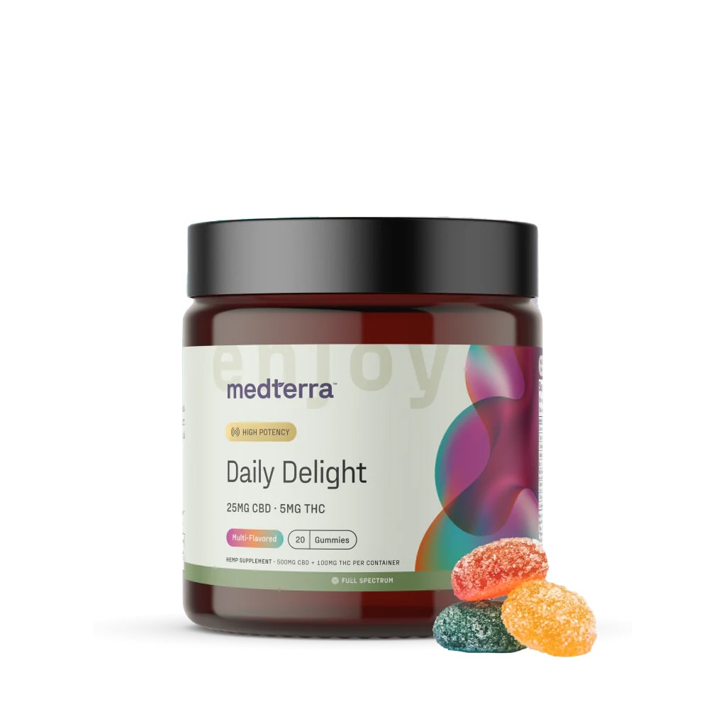 Medterra, Daily Delight 25mg CBD + 5mg THC Gummies, Multi-Flavored, Full Spectrum, 20ct, 100mg THC + 500mg CBD