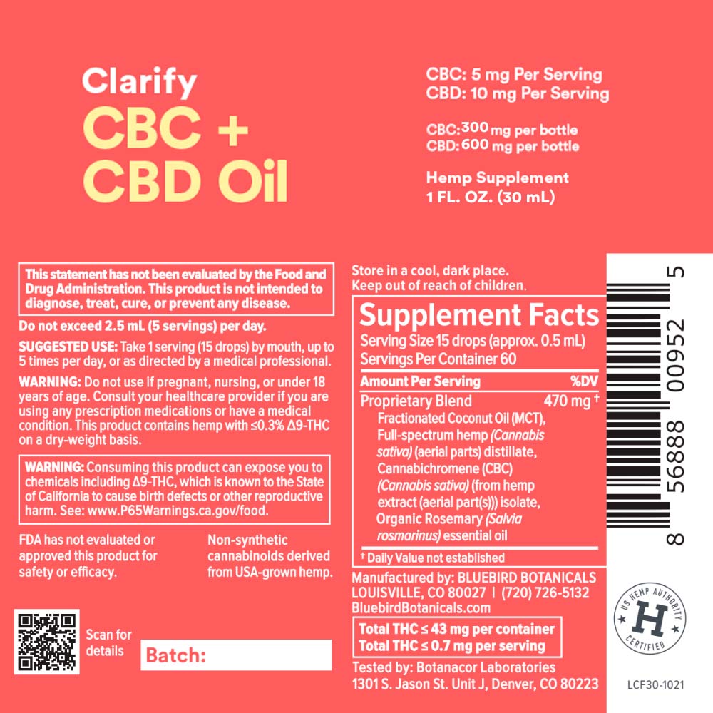 Bluebird Botanicals, Clarify CBC + CBD Oil, Full Spectrum, 1fl oz, 300mg CBC + 600mg CBD