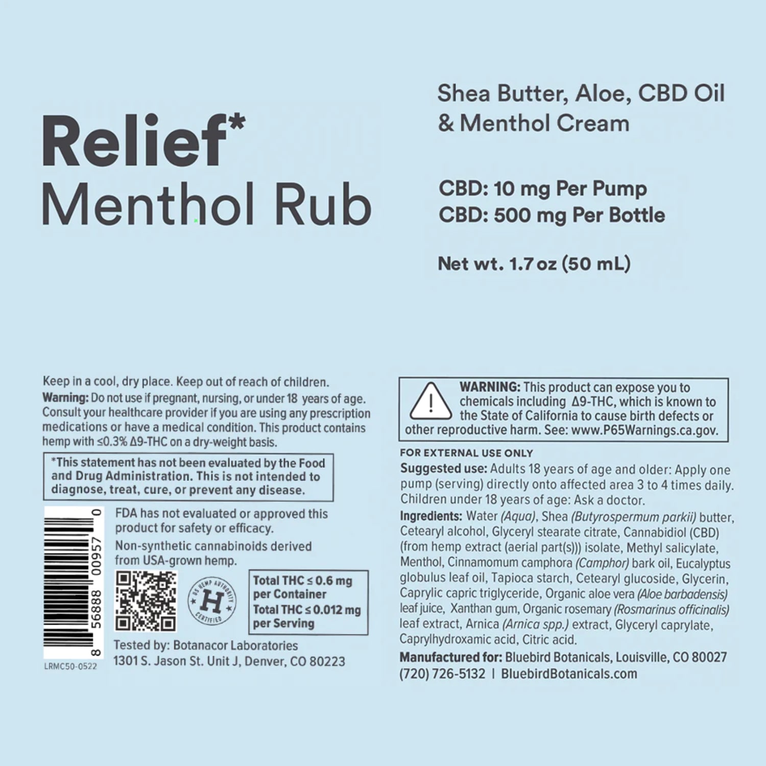 Bluebird Botanicals, Relief Menthol Rub CBD Cream, Isolate THC-Free 1.7oz, 500mg CBD
