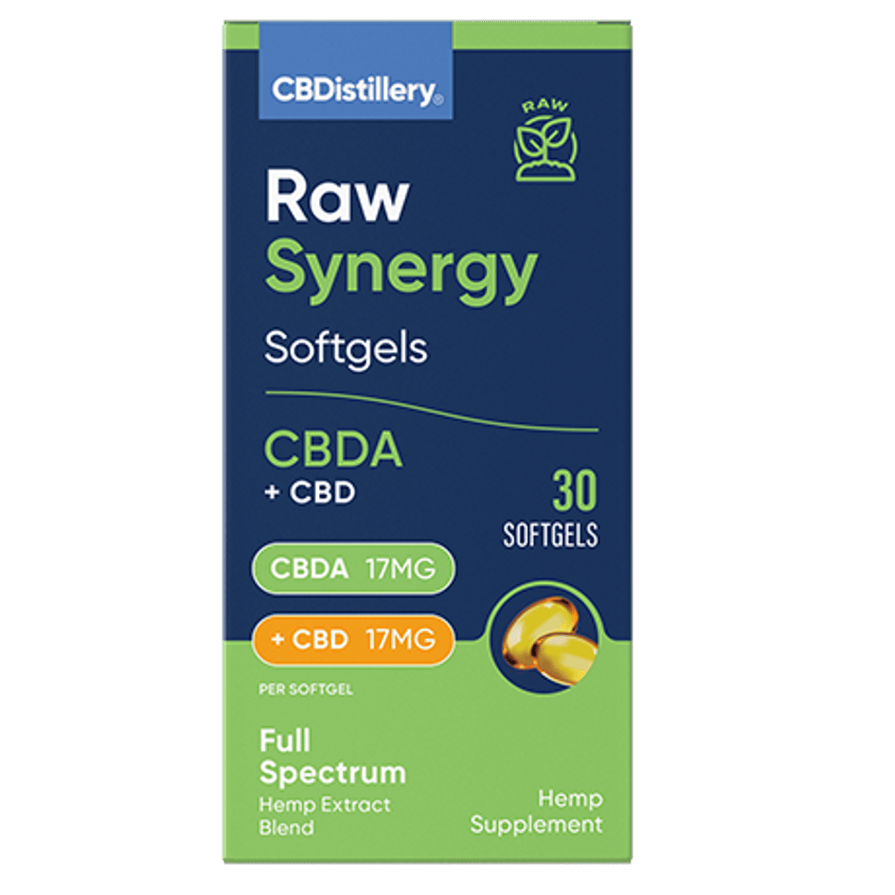 CBDistillery, Raw Synergy CBDA + CBD Softgels 17mg, Full Spectrum, 30ct, 500mg CBDA + 500mg CBD