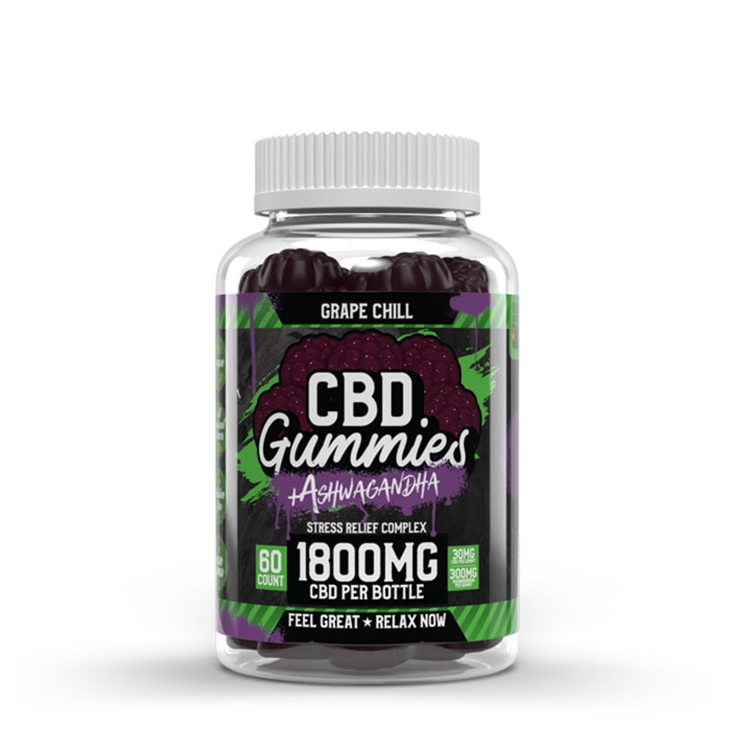 Hemp Bombs, Ashwagandha Stress Relief CBD Gummies, Grape Chill, Full Spectrum, 60ct, 1800mg CBD