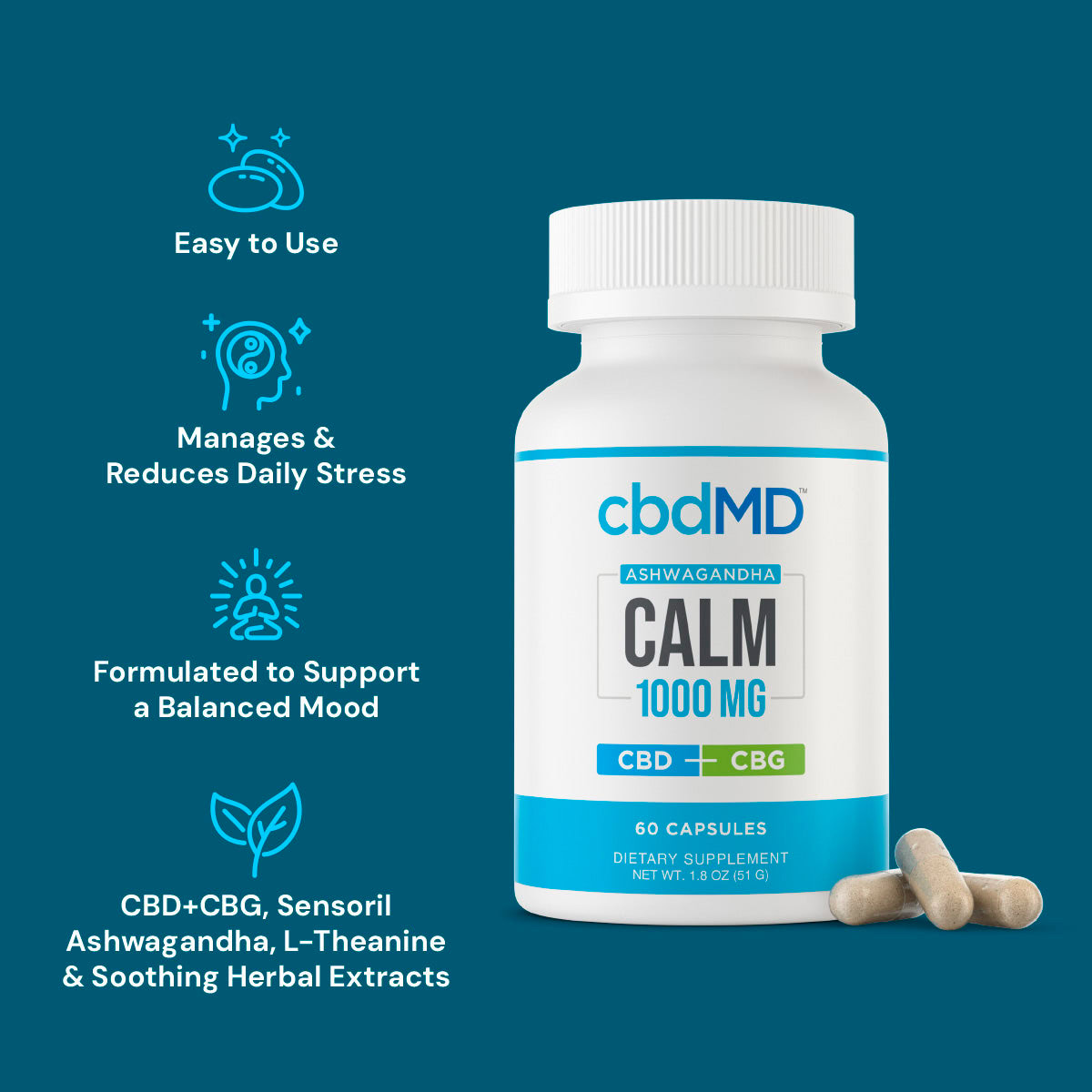 cbdMD, CBD + CBG Ashwagandha Calm Capsules, Broad Spectrum THC-Free, 60ct, 1000mg CBD+CBG