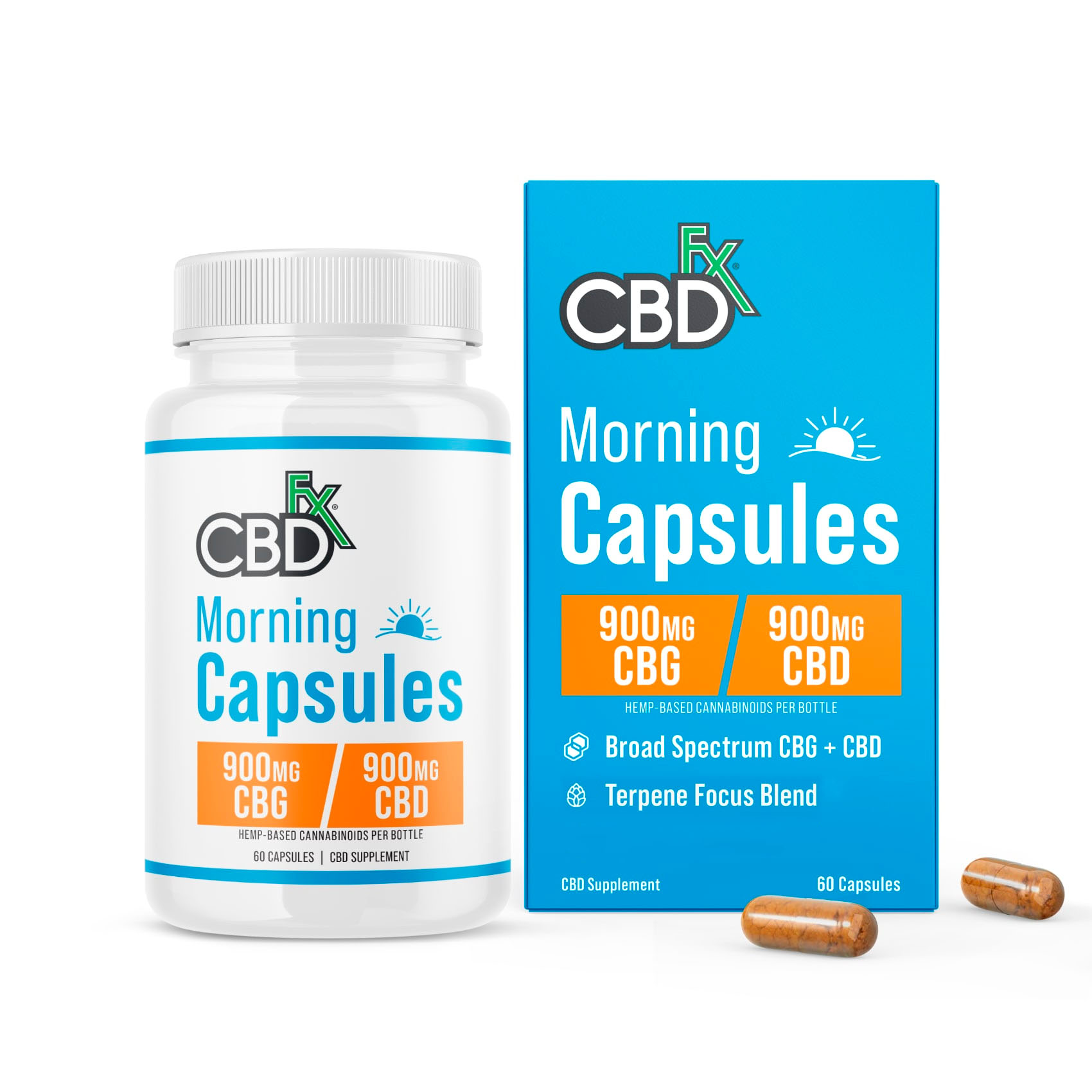CBDfx, CBD + CBG Morning Capsules For Energy & Focus, Broad Spectrum THC-Free, 60ct, 900mg CBG + 900mg CBD