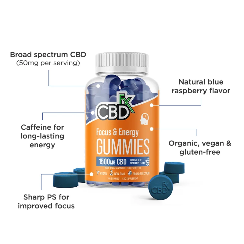 CBDfx, CBD Gummies for Focus & Energy, Blue Raspberry, Broad Spectrum THC-Free, 60ct, 1500mg CBD