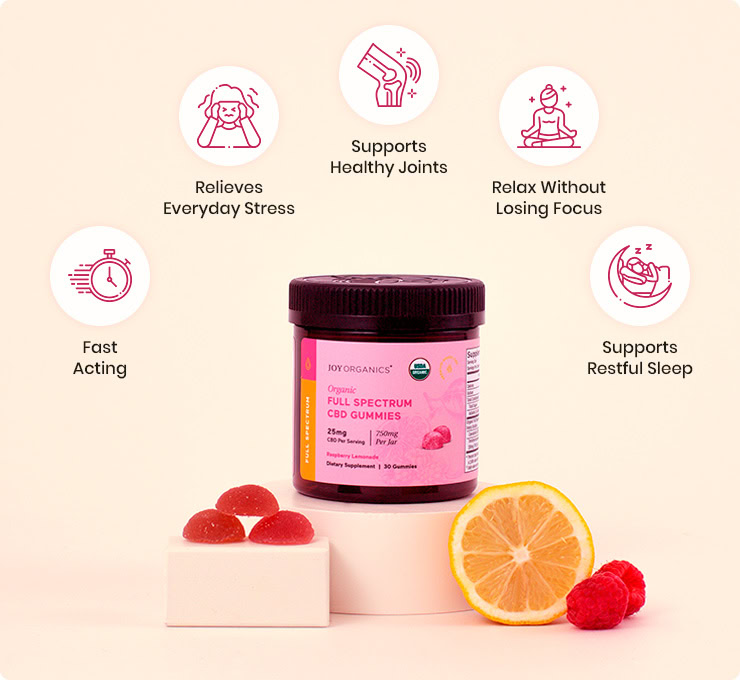 Joy Organics, CBD Gummies, Raspberry Lemonade, Full Spectrum, 30ct, 750mg CBD