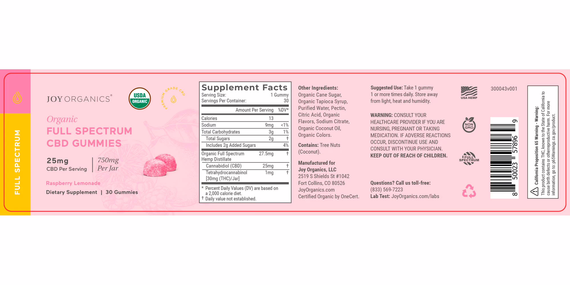 Joy Organics, CBD Gummies, Raspberry Lemonade, Full Spectrum, 30ct, 750mg CBD