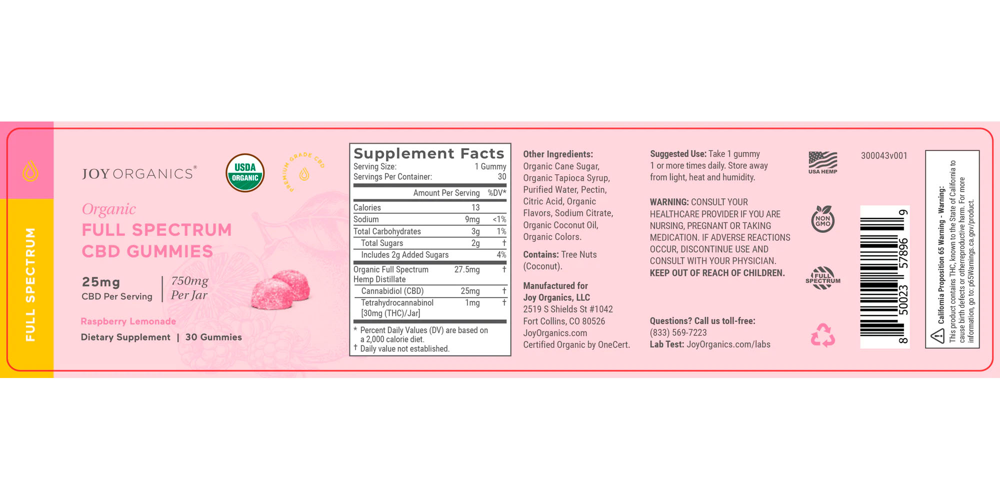 Joy Organics, CBD Gummies, Raspberry Lemonade, Full Spectrum, 30ct, 750mg CBD