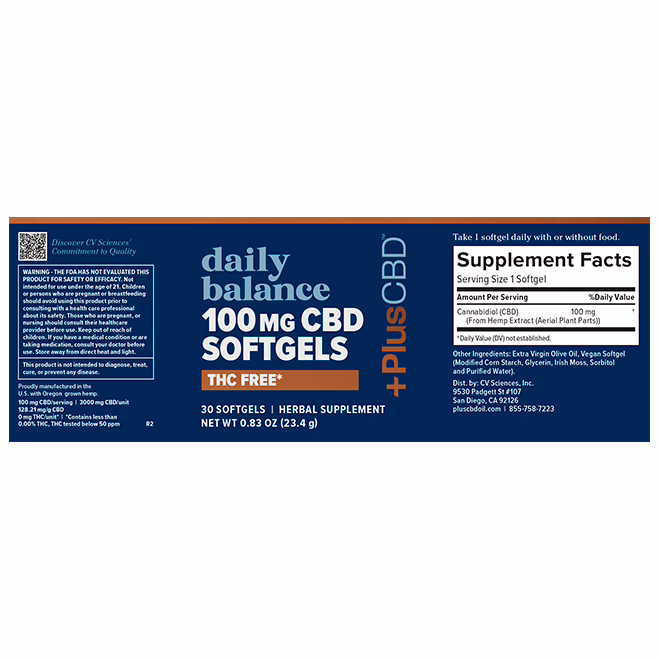 PlusCBD, Daily Balance 100mg CBD Softgels, Isolate THC-Free, 30ct, 3000mg CBD