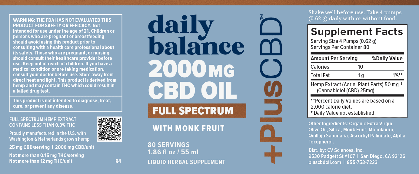 PlusCBD, Daily Balance 25mg CBD Oil, Monk Fruit, Full Spectrum, 1.86oz, 2000mg CBD