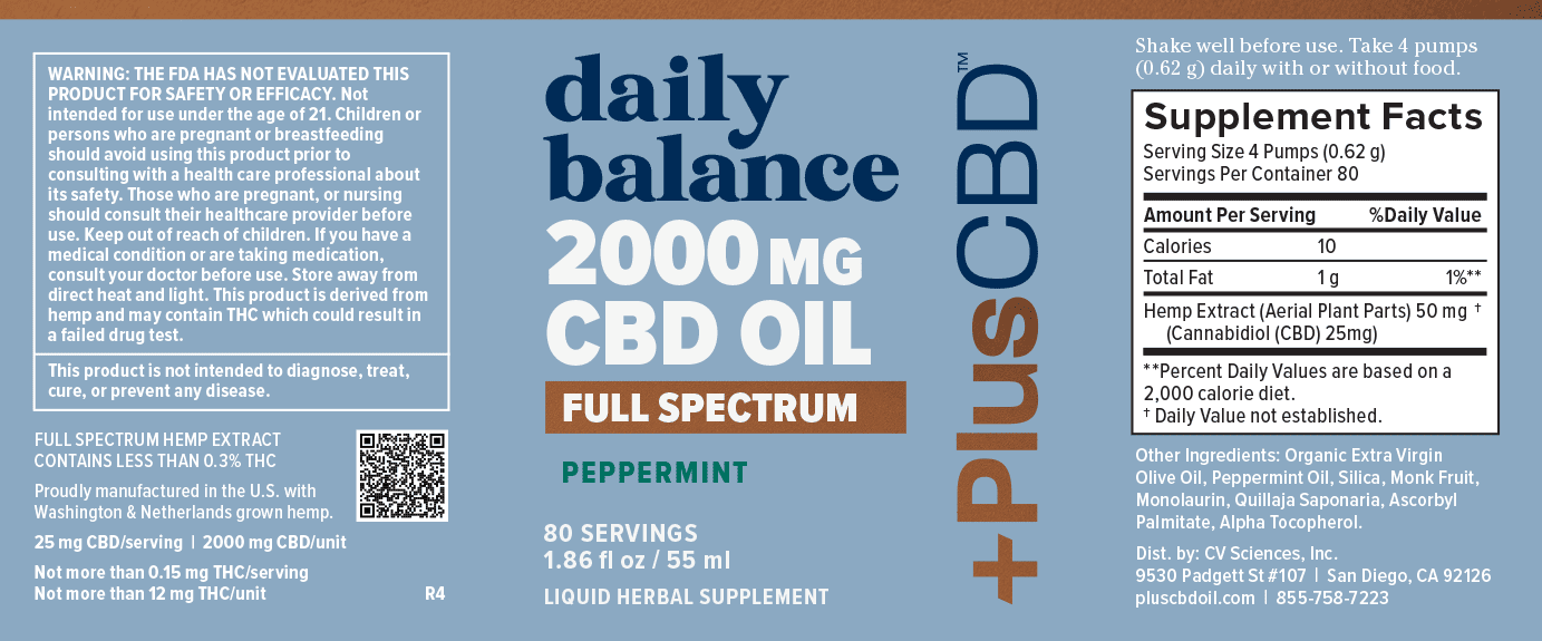 PlusCBD, Daily Balance 25mg CBD Oil, Peppermint, Full Spectrum, 1.86oz, 2000mg CBD