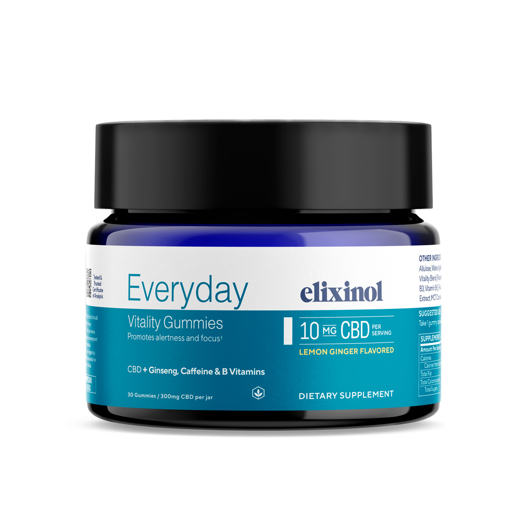 Elixinol, Everyday Vitality CBD Gummies, Broad Spectrum THC-Free, Lemon Ginger, 30ct, 300mg CBD