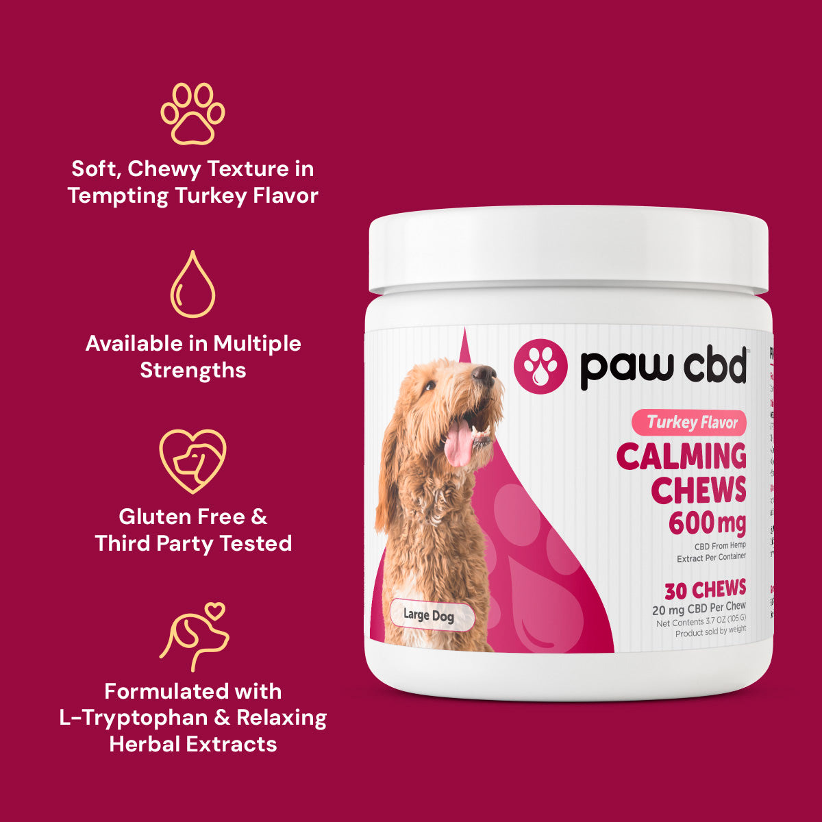 Paw CBD, Pet CBD Calming Soft Chews for Large Dogs, Turkey, Broad Spectrum THC-Free, 30ct, 600mg CBD