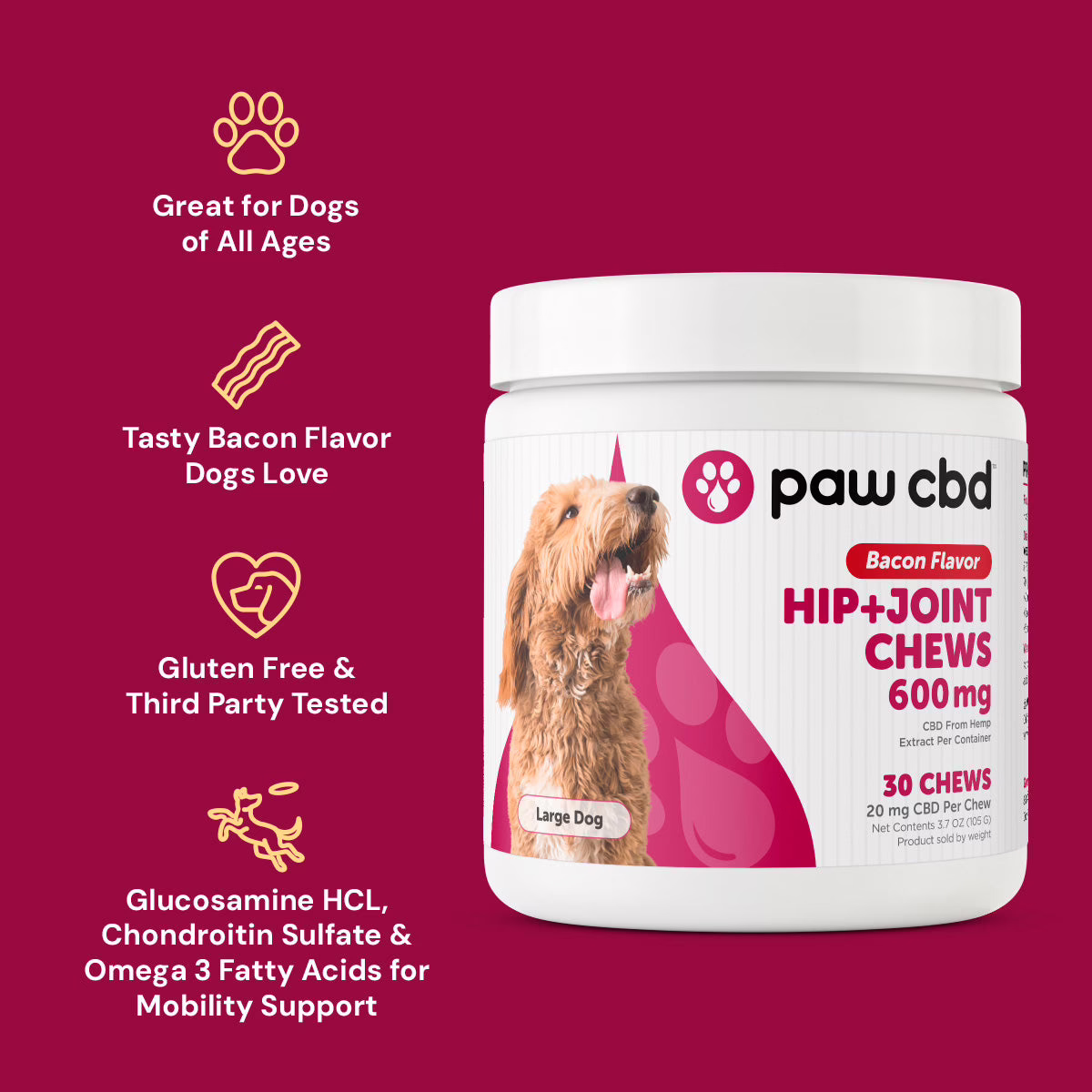 Paw CBD, Pet CBD Hip & Joint Soft Chews for Large Dogs, Bacon, Broad Spectrum THC-Free, 30ct, 600mg CBD