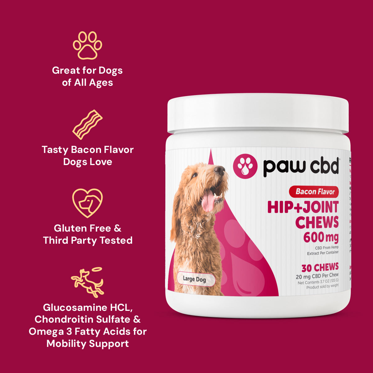 Paw CBD, Pet CBD Hip & Joint Soft Chews for Large Dogs, Bacon, Broad Spectrum THC-Free, 30ct, 600mg CBD