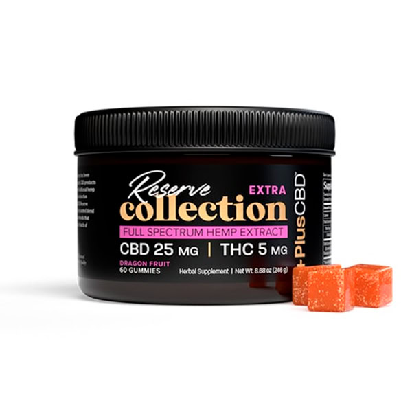 PlusCBD, Reserve Extra 5mg THC + 25mg CBD Gummies, Dragon Fruit, Full Spectrum, 60ct, 300mg THC + 1500mg CBD