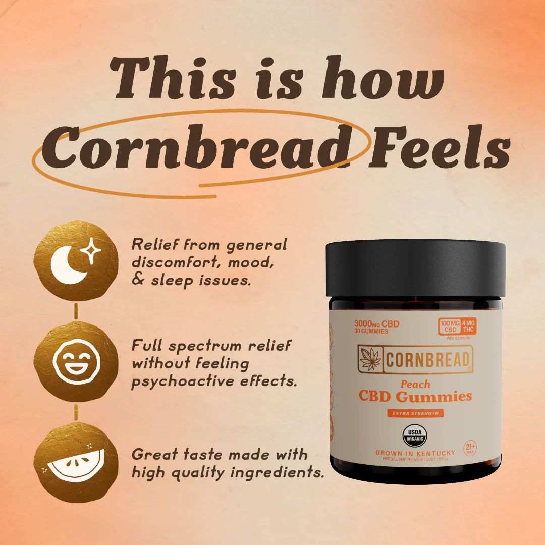 Cornbread Hemp, CBD Gummies, Peach, Full Spectrum, 30ct, 30mg THC + 750mg CBD