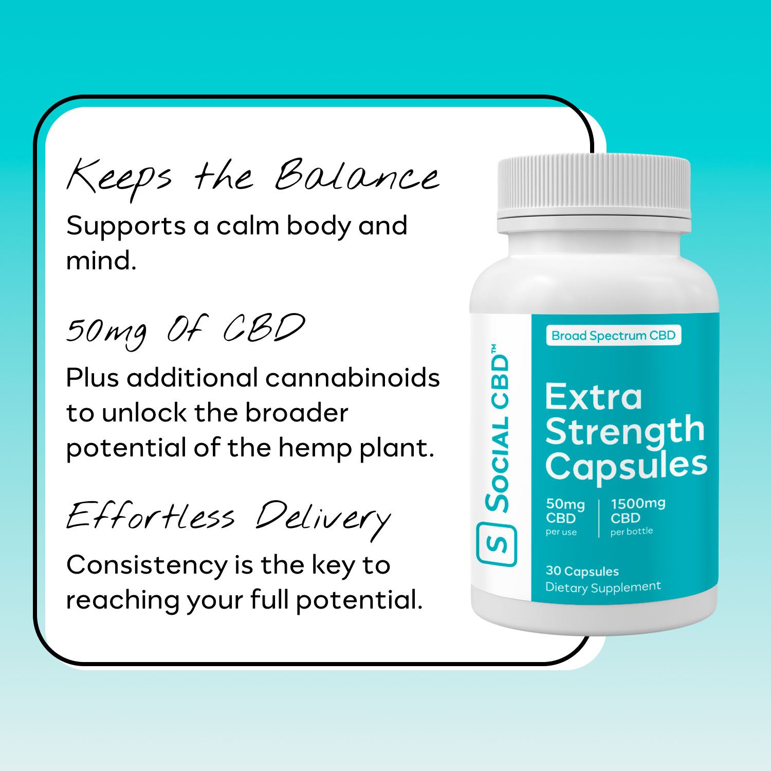 Social CBD, Extra Strength CBD Gel Capsules, Broad Spectrum THC-Free, 30ct, 1500mg CBD