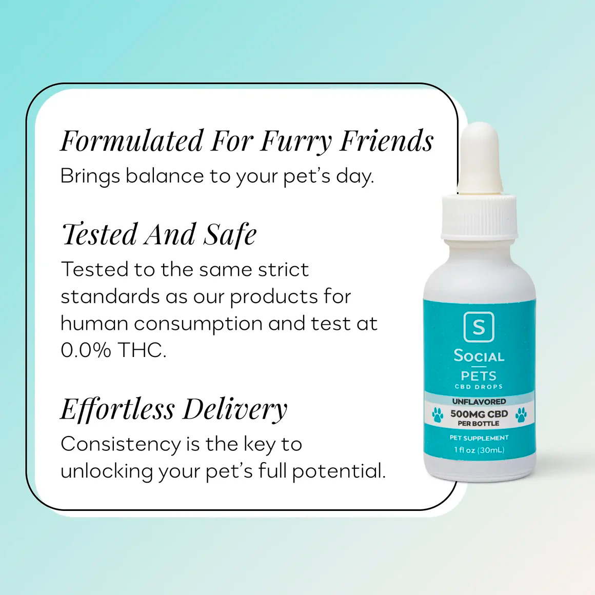 Social CBD, Pet Drops, Unflavored, Broad Spectrum, 1oz, 500mg CBD