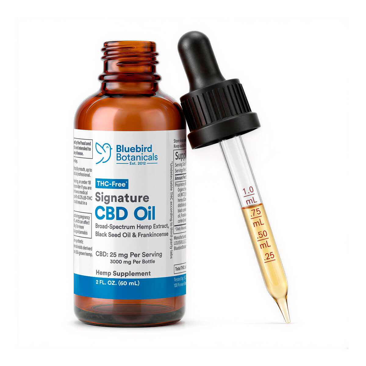 Bluebird Botanicals, Extra Strength Signature CBD Oil 25mg, Broad Spectrum THC-Free, 2fl oz, 3000mg CBD