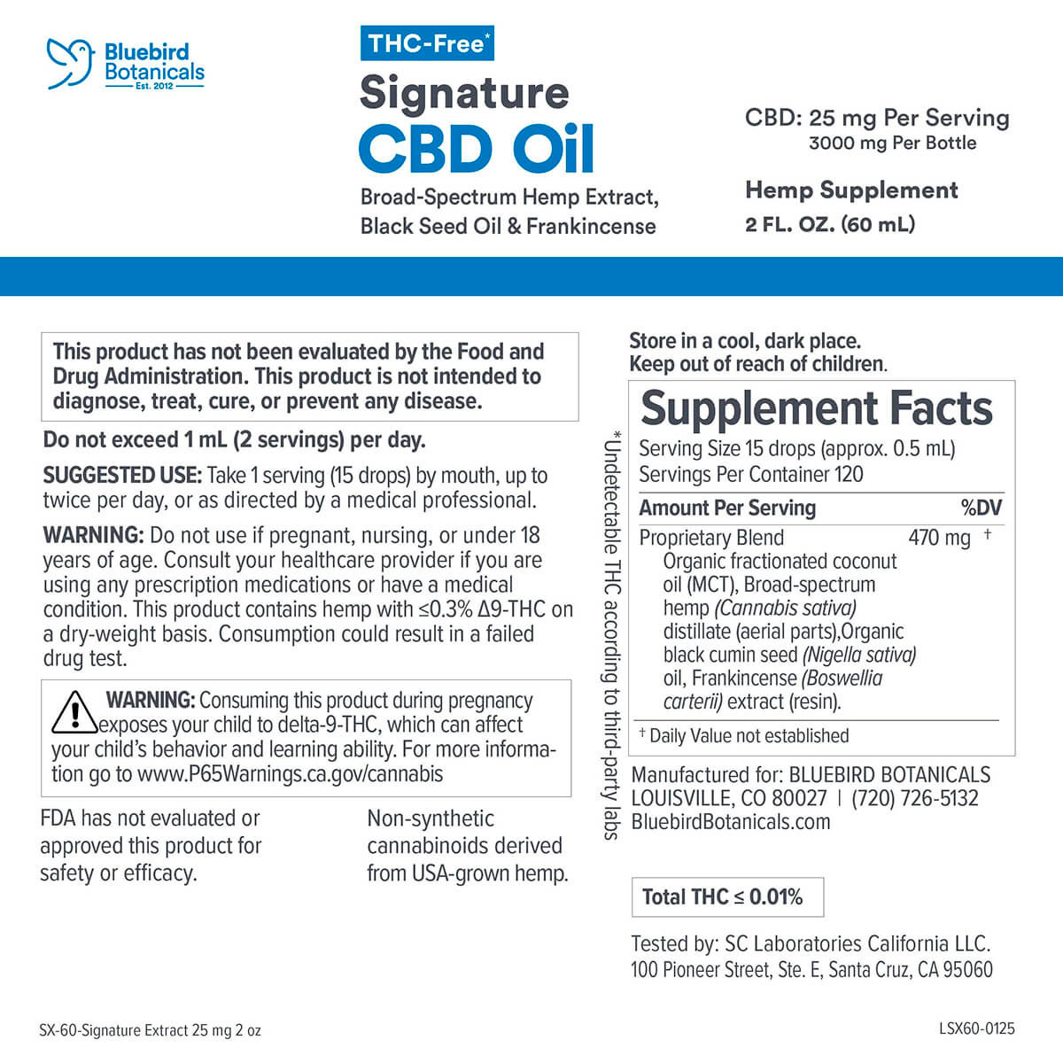 Bluebird Botanicals, Extra Strength Signature CBD Oil 25mg, Broad Spectrum THC-Free, 2fl oz, 3000mg CBD
