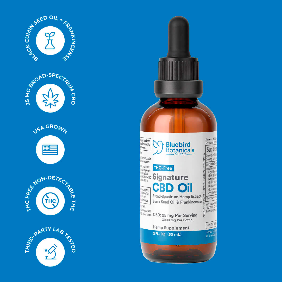 Bluebird Botanicals, Extra Strength Signature CBD Oil 25mg, Broad Spectrum THC-Free, 2fl oz, 3000mg CBD