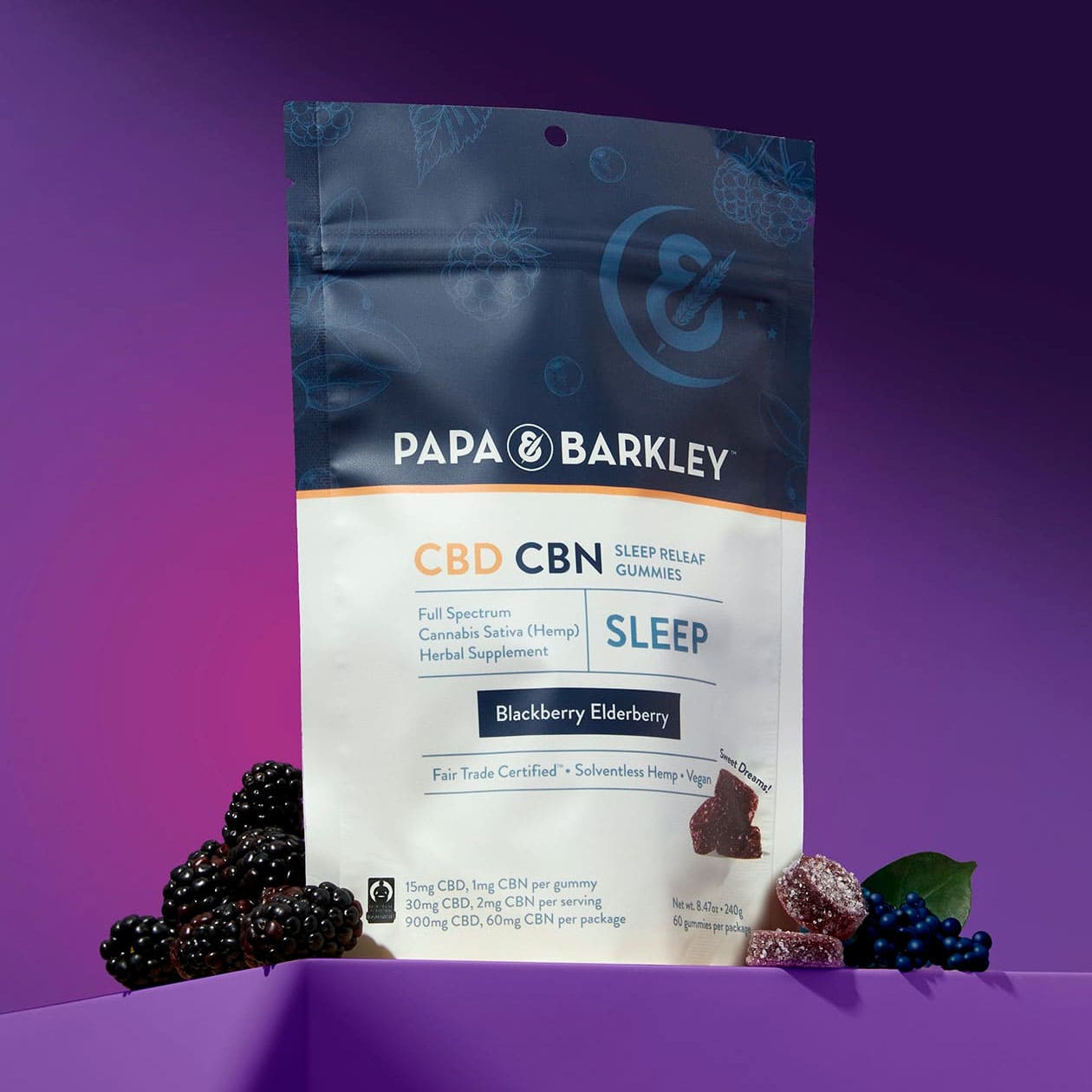 Papa & Barkley, CBD CBN Sleep Releaf Gummies, Blackberry Elderberry, Full Spectrum, 60ct, 60mg CBN + 900mg CBD