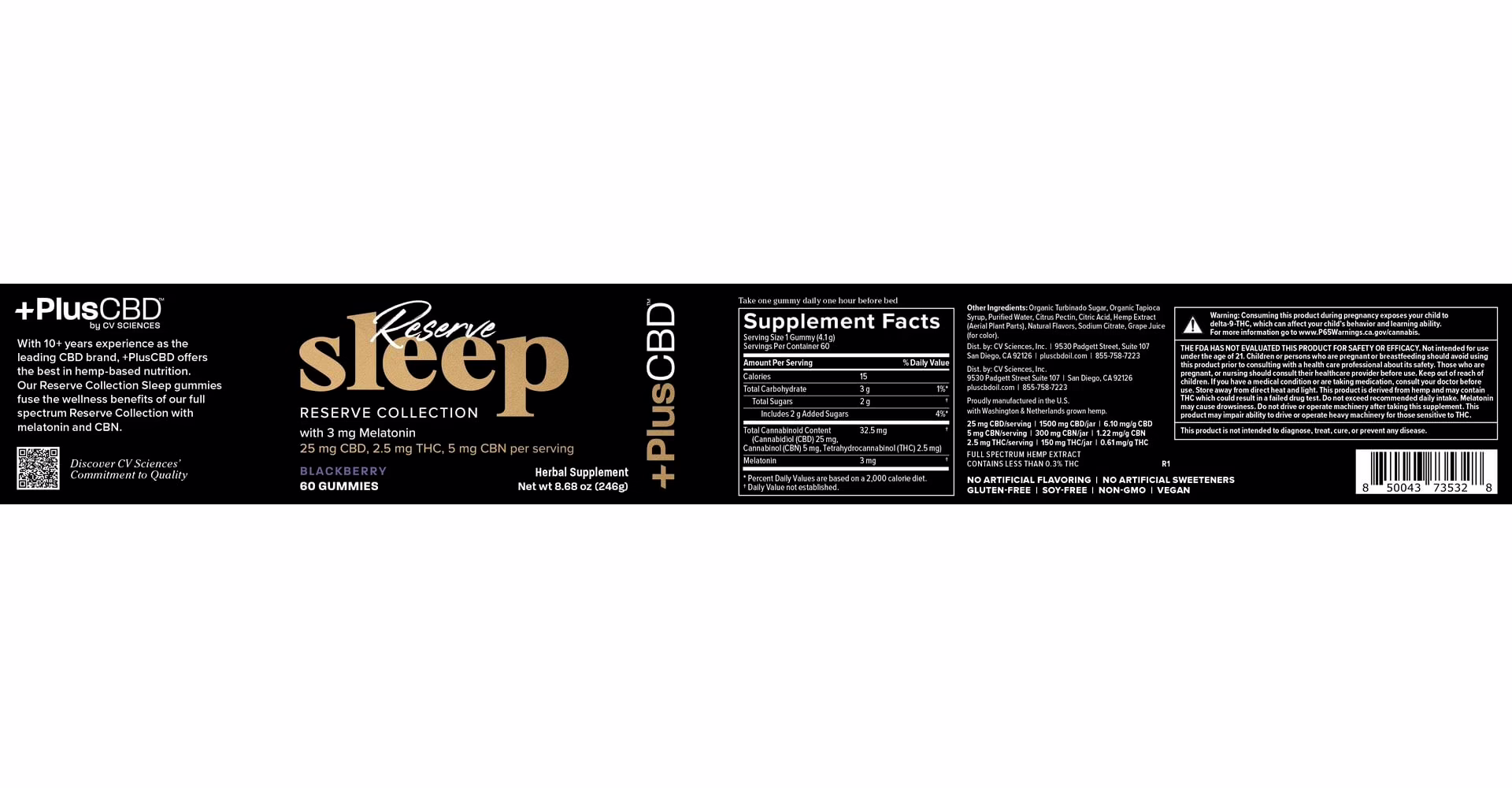 PlusCBD, Reserve Sleep Melatonin CBD Gummies, Blackberry, Full Spectrum, 60ct, 150mg THC + 300mg CBN + 1500mg CBD