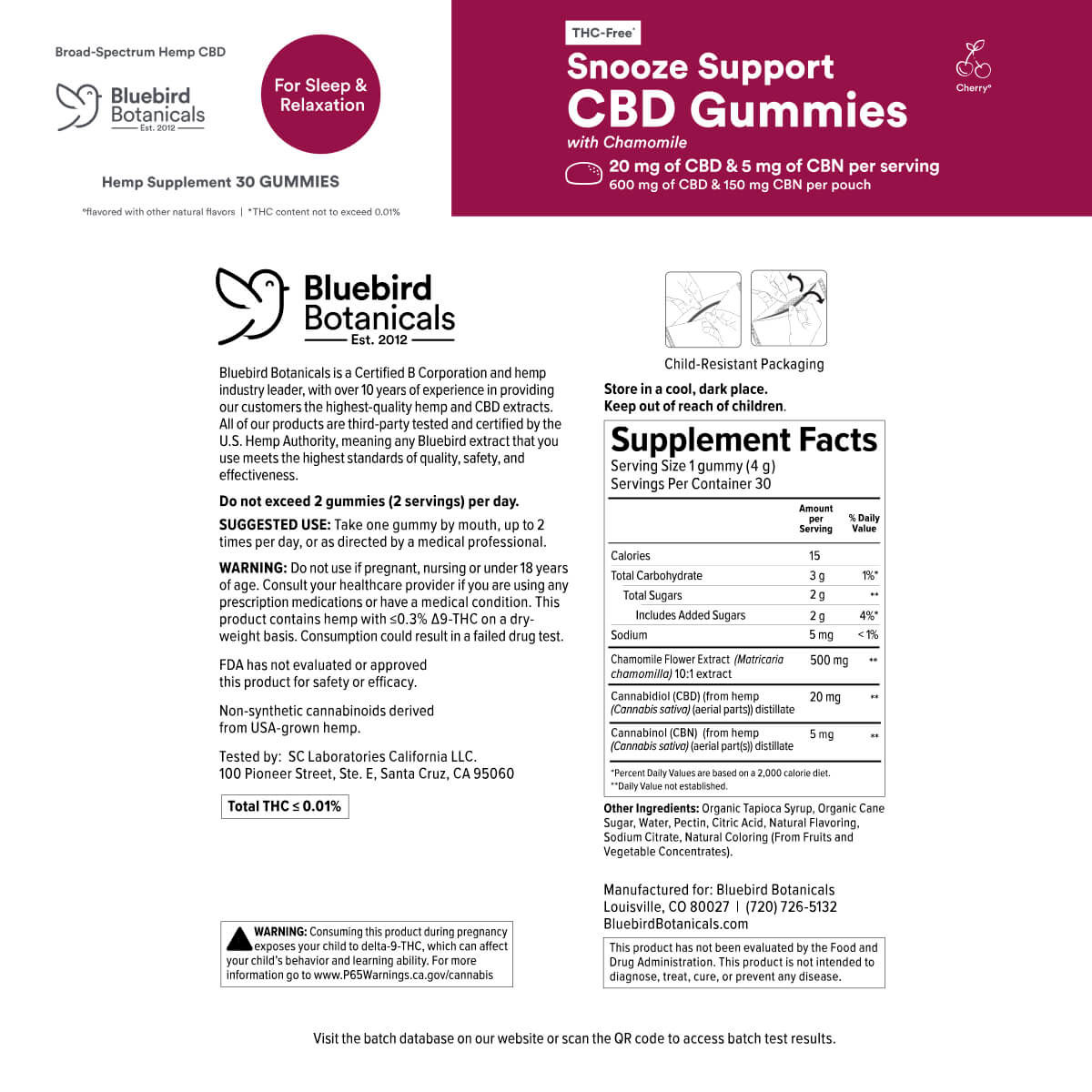 Bluebird Botanicals, Snooze Support CBD Gummies, Cherry, Broad Spectrum THC-Free, 30ct, 150mg CBN + 600mg CBD