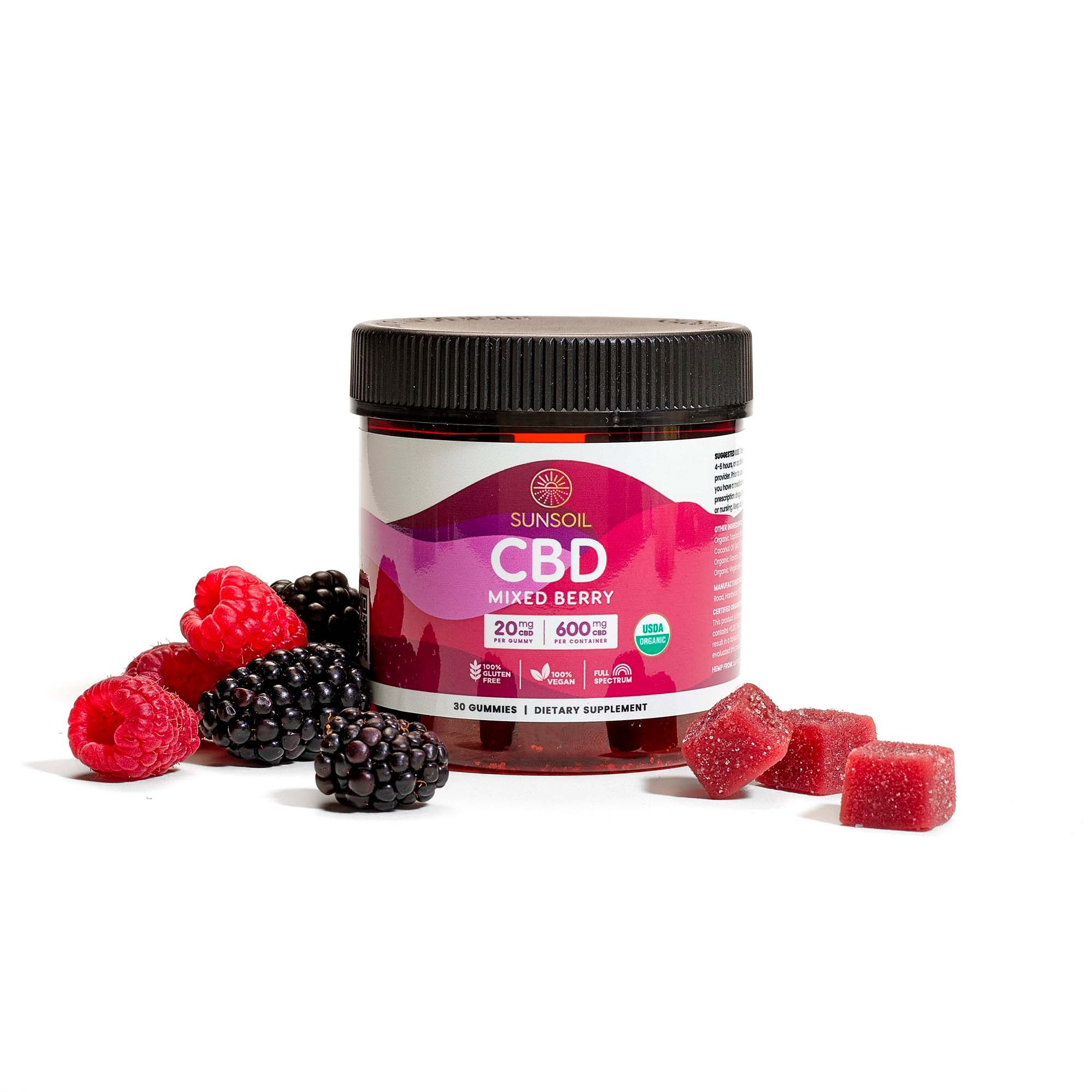 Sunsoil, CBD Gummies, Berry, Full Spectrum, 30ct, 600mg CBD