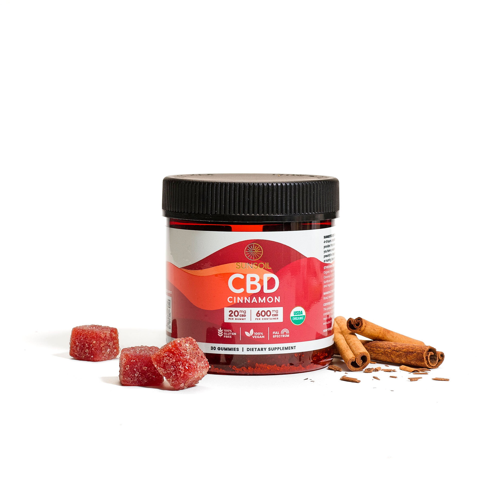 Sunsoil, CBD Gummies, Cinnamon, Full Spectrum, 30ct, 600mg CBD