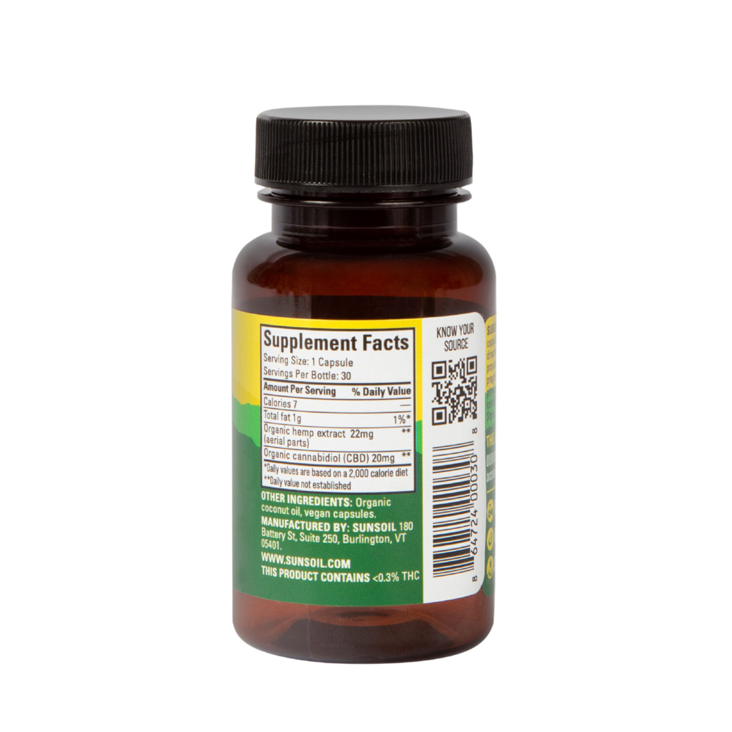 Sunsoil, Vegan CBD Capsules, Full Spectrum, 30ct, 600mg CBD