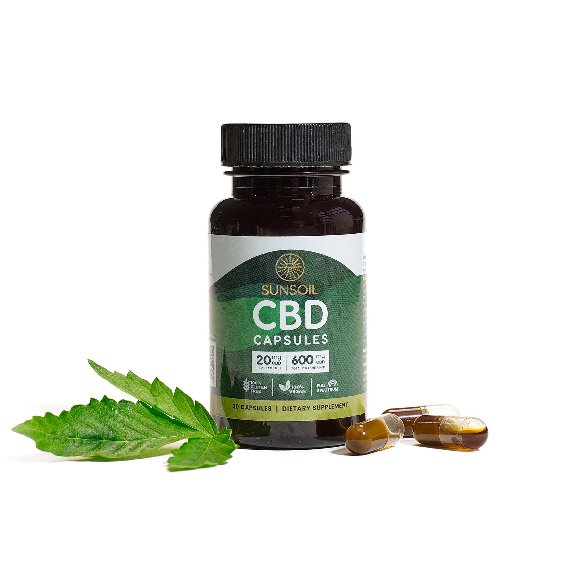 Sunsoil, Vegan CBD Capsules, Full Spectrum, 30ct, 600mg CBD