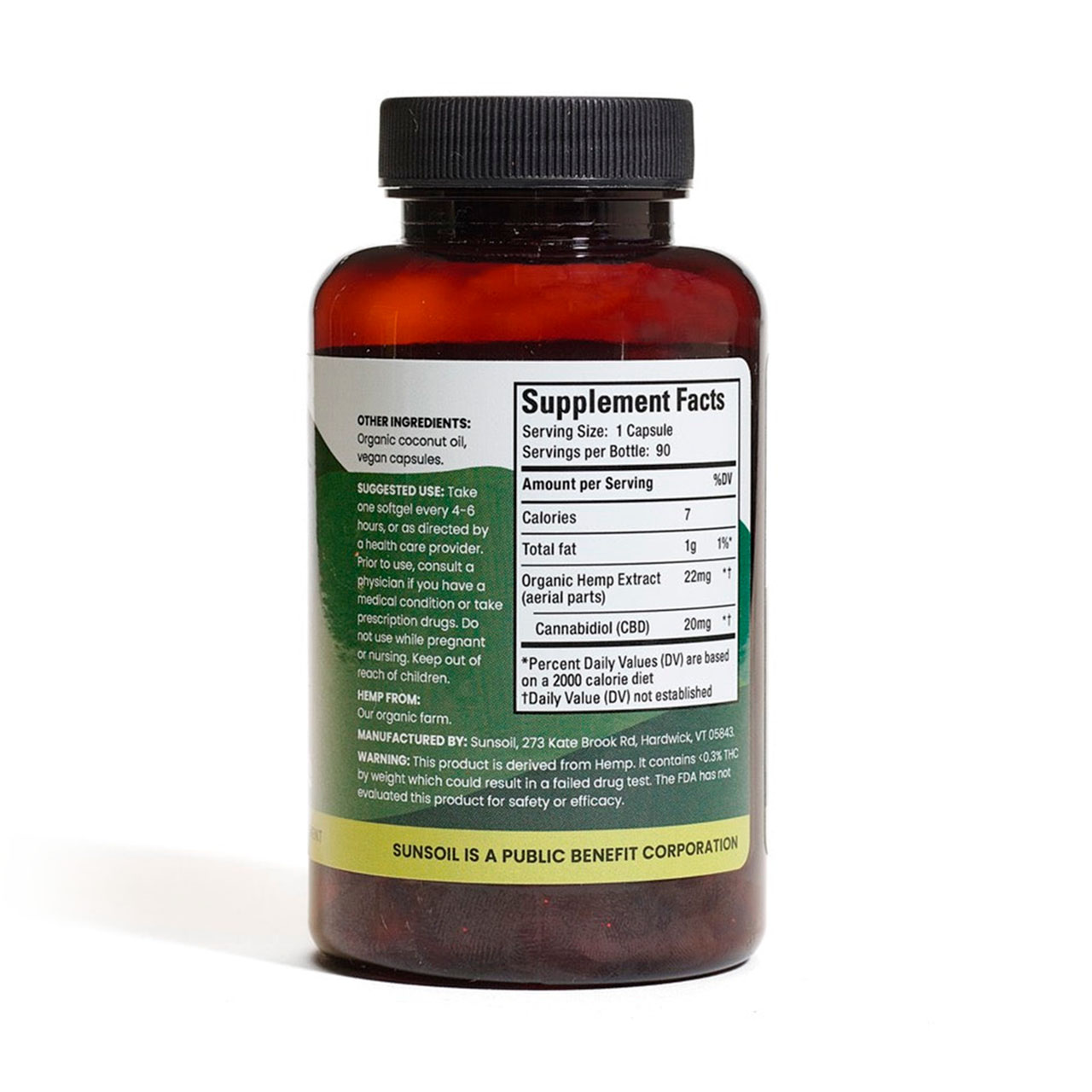 Sunsoil, Vegan CBD Capsules, Full Spectrum, 90ct, 1800mg CBD