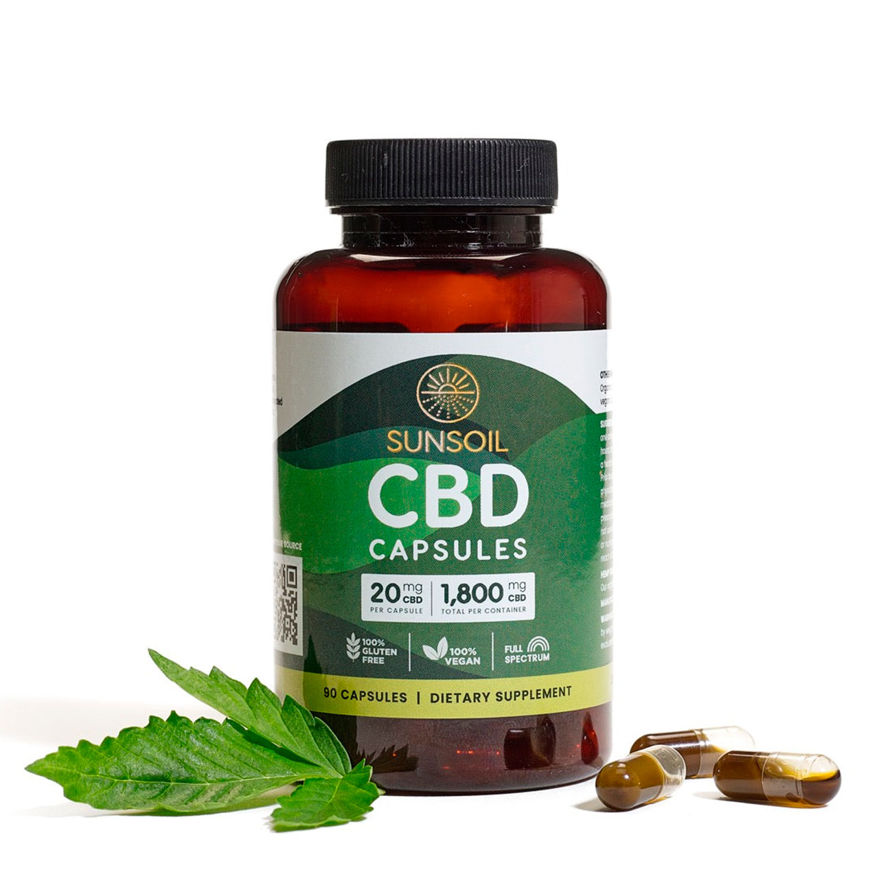 Sunsoil, Vegan CBD Capsules, Full Spectrum, 90ct, 1800mg CBD