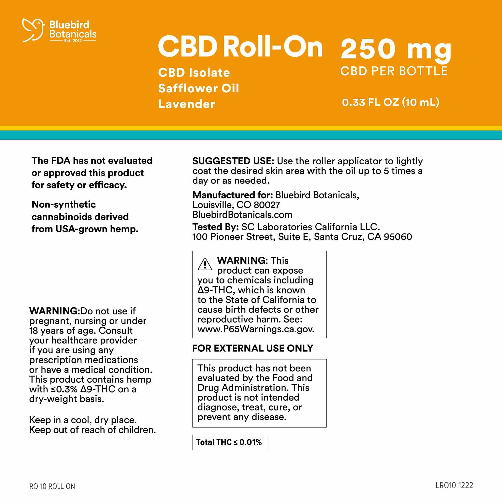 Bluebird Botanicals, CBD Roll-On, Isolate THC-Free, .33fl oz, 250mg CBD